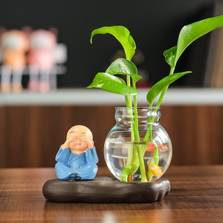 Bình Thủy Canh Chú Tiểu Kèm Đế Gốm Cao Cấp và Tượng - Thanh Lọc Không Khí, Trang Trí Không Gian