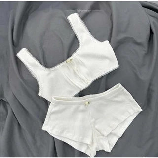 [ CHE TÊN] Bộ đồ ngủ bản to sexxy quần mini cạp thấp áo ngắn viền ren Nữ