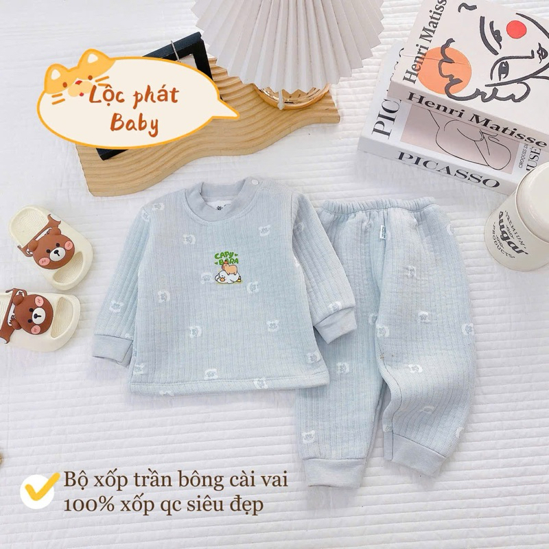 Bộ nỉ xốp sơ sinh trần bông họa tiết dập nổi xinh xắn, cúc bấm tiện lợi dài tay mặc mùa đông cho bé từ 3-13kg
