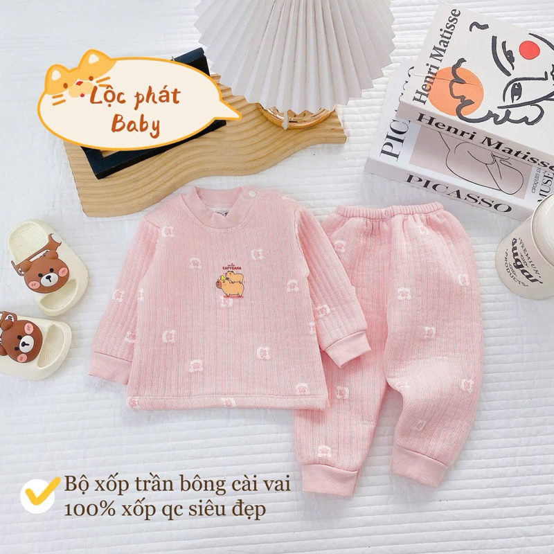 Bộ nỉ xốp sơ sinh trần bông họa tiết dập nổi xinh xắn, cúc bấm tiện lợi dài tay mặc mùa đông cho bé từ 3-13kg