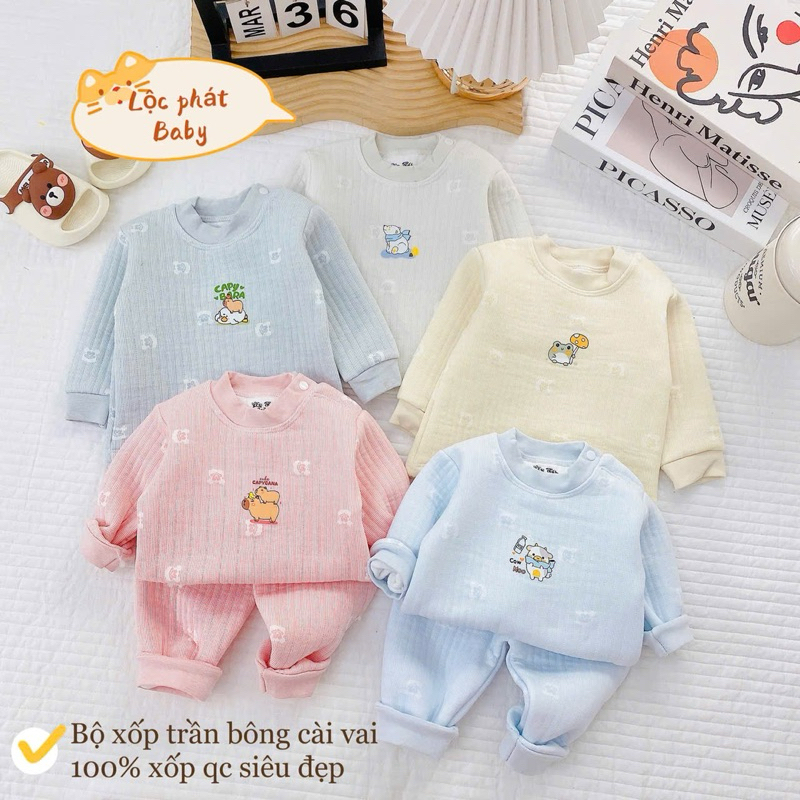 Bộ nỉ xốp sơ sinh trần bông họa tiết dập nổi xinh xắn, cúc bấm tiện lợi dài tay mặc mùa đông cho bé từ 3-13kg