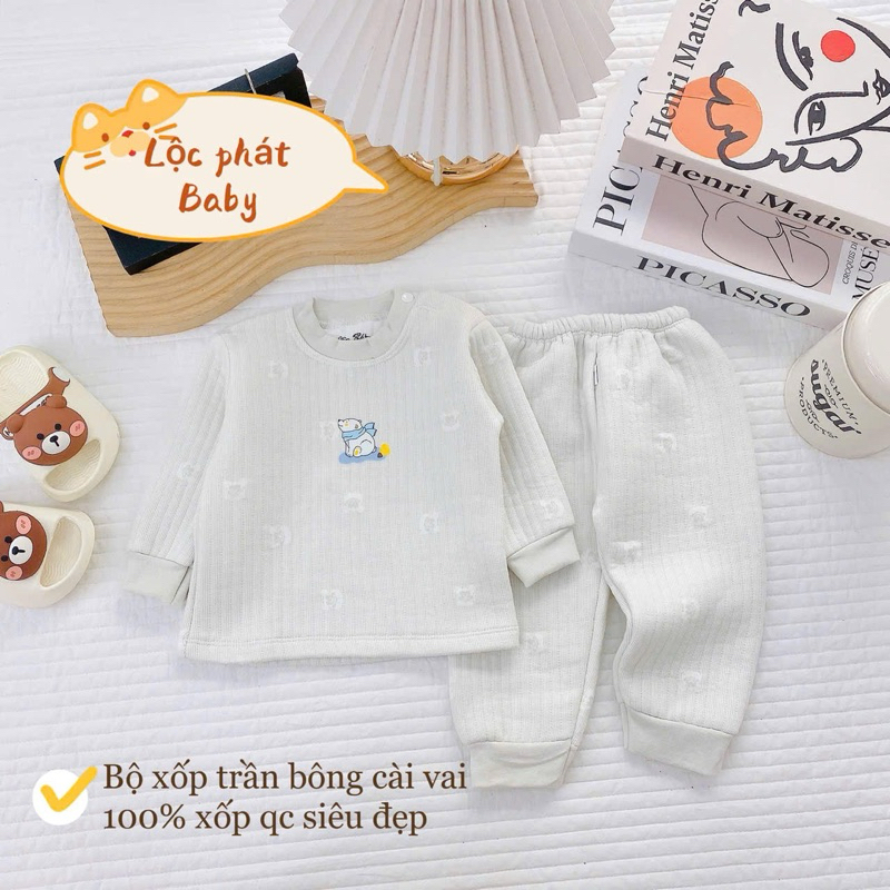Bộ nỉ xốp sơ sinh trần bông họa tiết dập nổi xinh xắn, cúc bấm tiện lợi dài tay mặc mùa đông cho bé từ 3-13kg