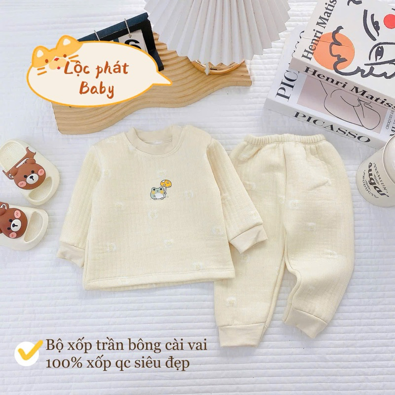 Bộ nỉ xốp sơ sinh trần bông họa tiết dập nổi xinh xắn, cúc bấm tiện lợi dài tay mặc mùa đông cho bé từ 3-13kg