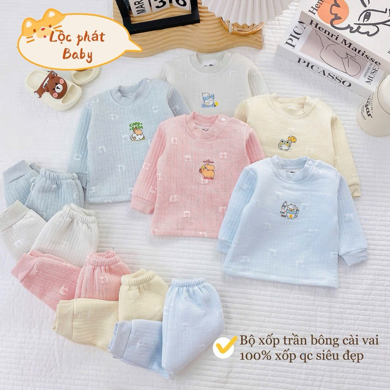 Bộ nỉ xốp sơ sinh trần bông họa tiết dập nổi xinh xắn, cúc bấm tiện lợi dài tay mặc mùa đông cho bé từ 3-13kg