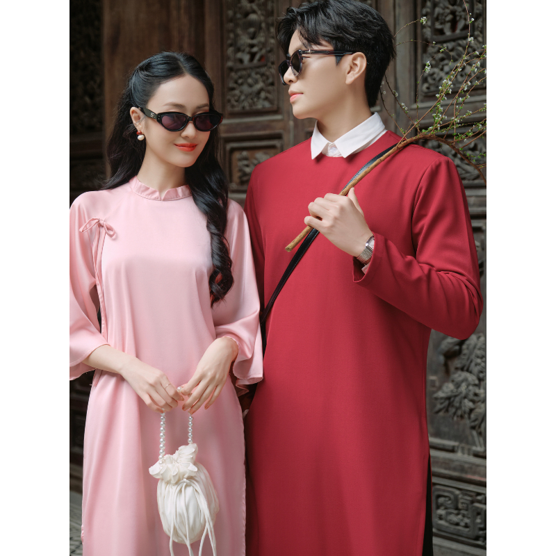 Set áo dài cách tân nam nữ Đỏ,Hồng thiết kế LILA áo dài lụa Tết Phấn Thụy - Hỏa Phong dáng suông