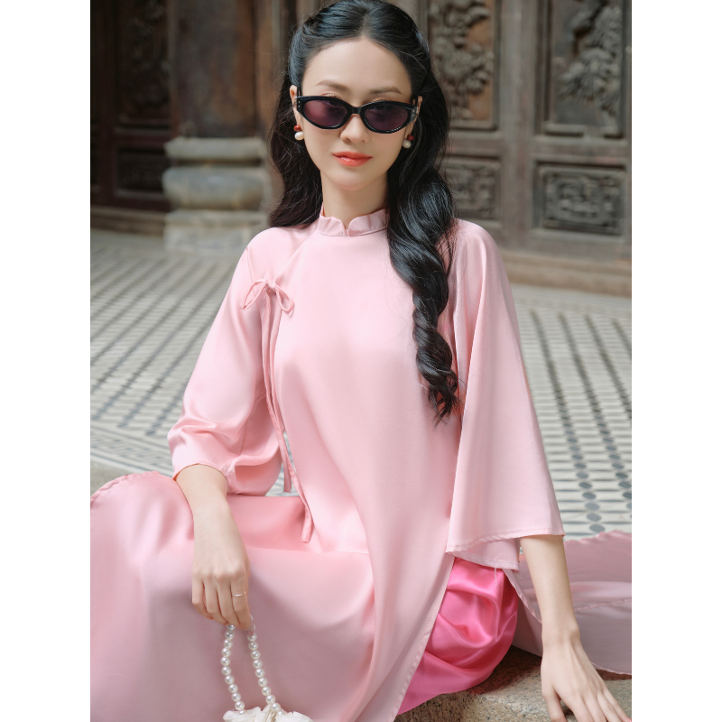 Set áo dài cách tân nam nữ Đỏ,Hồng thiết kế LILA áo dài lụa Tết Phấn Thụy - Hỏa Phong dáng suông