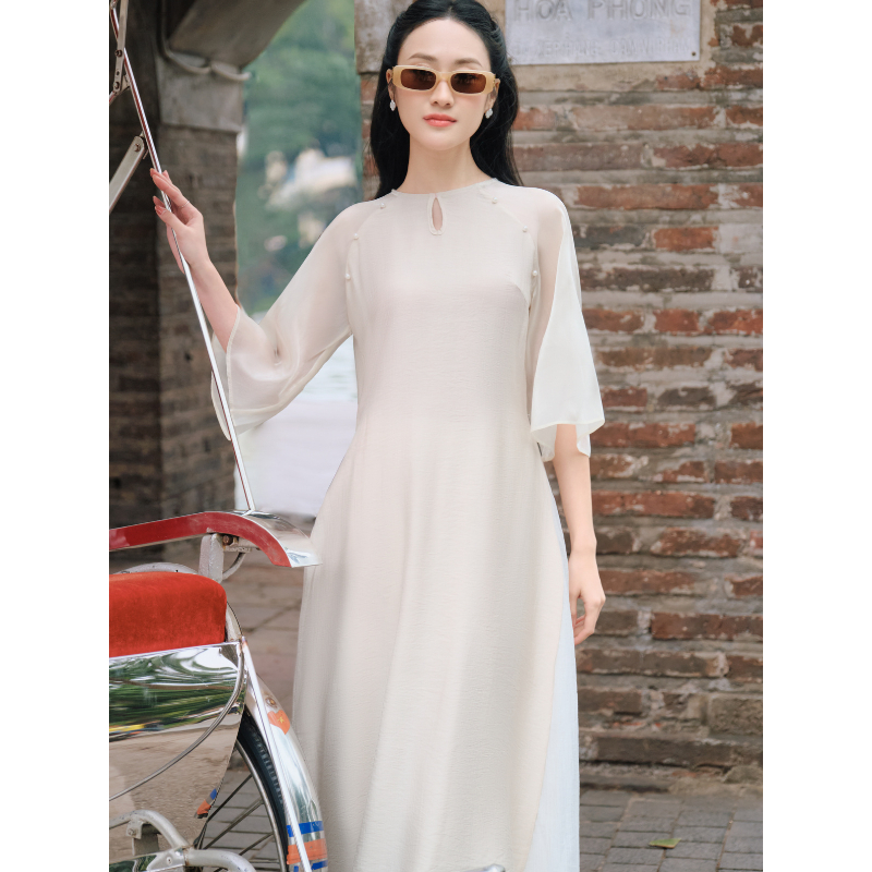 Set áo dài cách tân nam nữ màu be LILA áo dài nữ chất đũi kèm chân váy dáng suông
