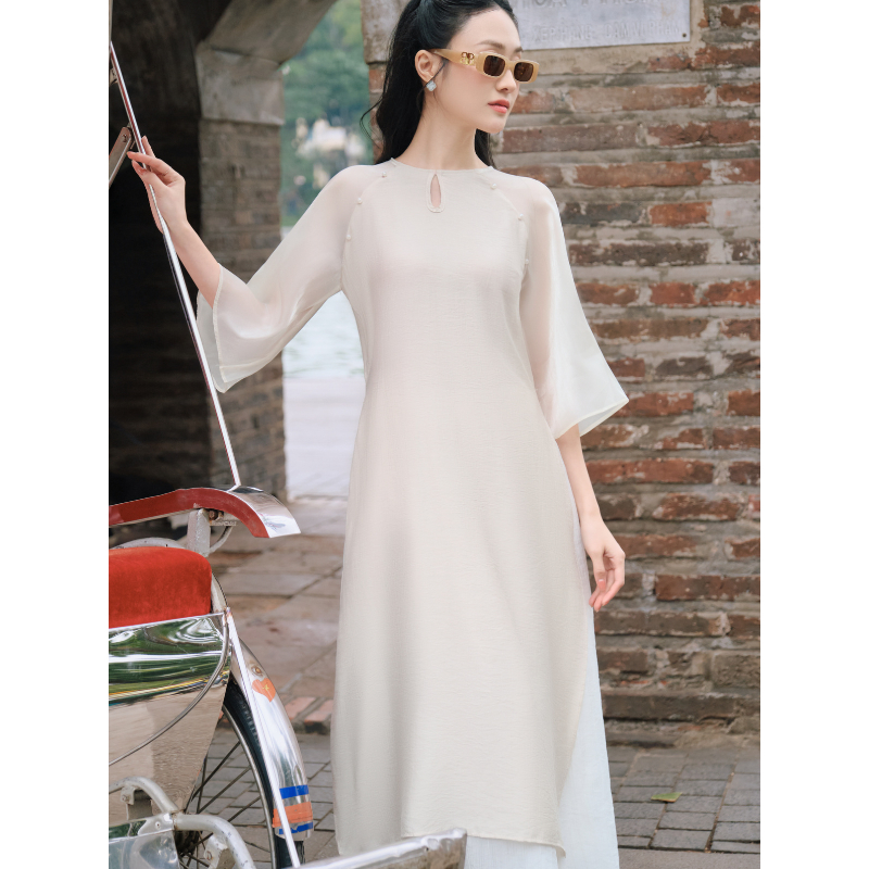 Set áo dài cách tân nam nữ màu be LILA áo dài nữ chất đũi kèm chân váy dáng suông