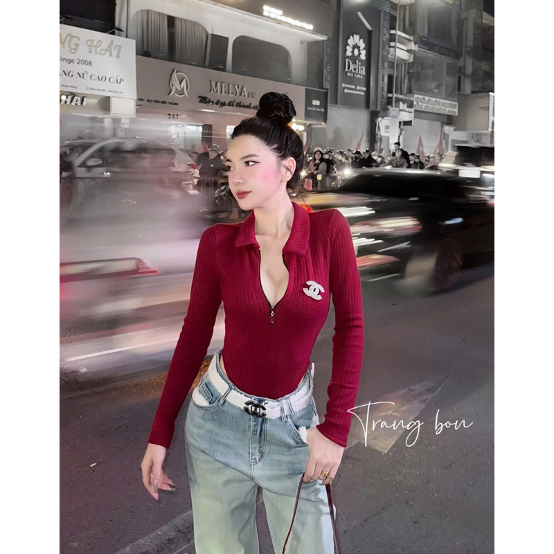 Áo bodysuit dài tay cổ bẻ kéo khoá sexy chuẩn form kèm tang cài