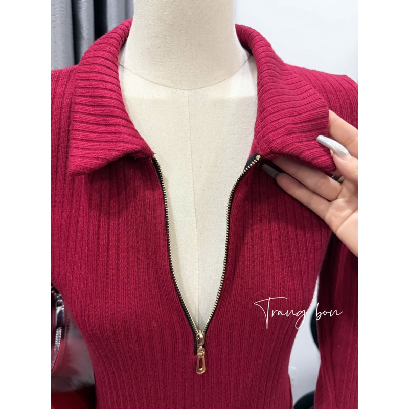 Áo bodysuit dài tay cổ bẻ kéo khoá sexy chuẩn form kèm tang cài