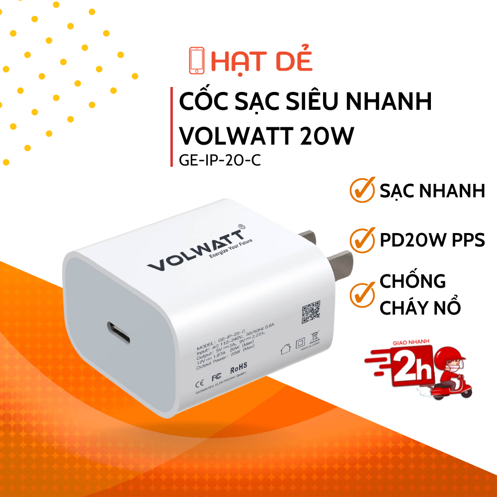 Củ Sạc Nhanh 20W Type-C Sạc Nhanh Chống Cháy Nổ Chính Hãng Volwatt Bảo Hành 12 Tháng GE-IP-20C
