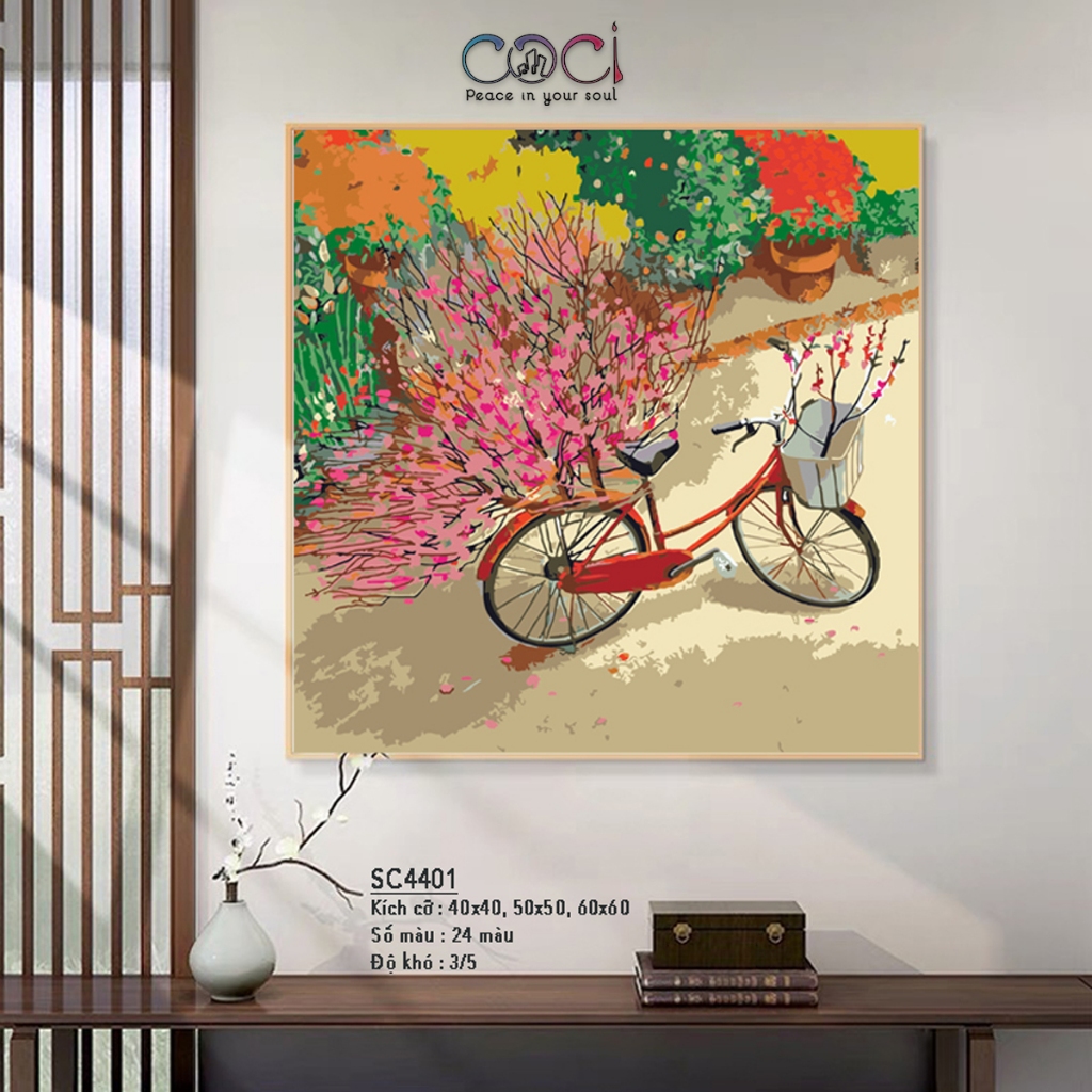 Tranh Tô Màu Số Hoá Tết Nguyên Đán Hoa Đào Mùa Xuân COCI Decor Treo Tường Tự Tô SC4401
