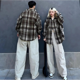 Áo kẻ sơ mi nam nữ thời trang flanel chất vải cotton dạ dày dặn phom rộng