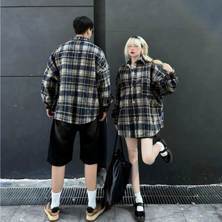 Áo kẻ sơ mi nam nữ thời trang flanel chất vải cotton dạ dày dặn phom rộng