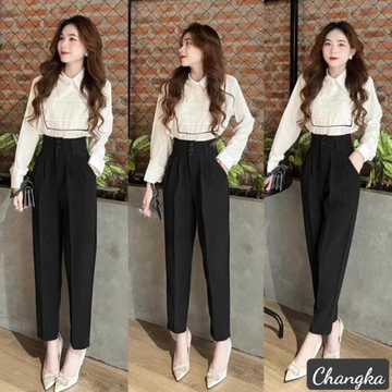 Quần tây baggy nữ cạp cao đi học 3 khuy form đen rộng Dáng quần tây đi học lưng cao nữ công sở cạp có đai vải tuyết mưa