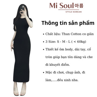 Váy Body Dáng Dài MiSoul Cổ Tròn Cộc Tay Có Xẻ Sau Chất Thun Cotton Co Dãn , Đầm Midi Ôm Cổ Tròn 378