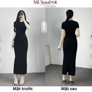 Váy Body Dáng Dài MiSoul Cổ Tròn Cộc Tay Có Xẻ Sau Chất Thun Cotton Co Dãn , Đầm Midi Ôm Cổ Tròn 378