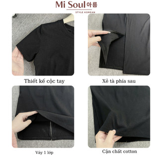 Váy Body Dáng Dài MiSoul Cổ Tròn Cộc Tay Có Xẻ Sau Chất Thun Cotton Co Dãn , Đầm Midi Ôm Cổ Tròn 378