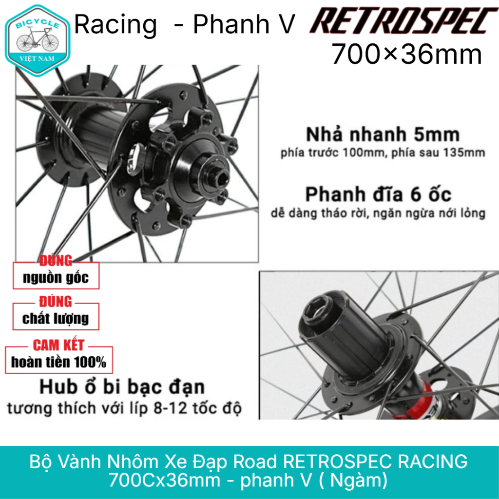 Bộ Vành Nhôm Xe Đạp Road RETROSPEC RACING 700Cx36mm - phanh V ( Ngàm ...