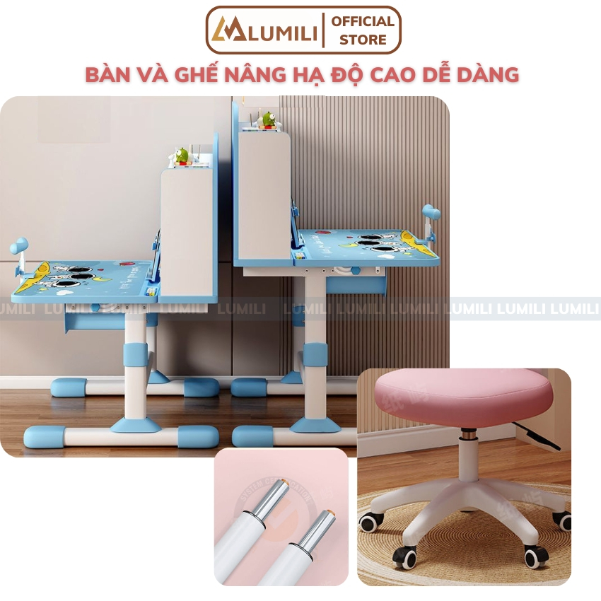 Bàn học trẻ em chống gù Lumili E10, bàn ngồi học cho bé có kệ sách, kèm ghế xoay nâng hạ cao cấp