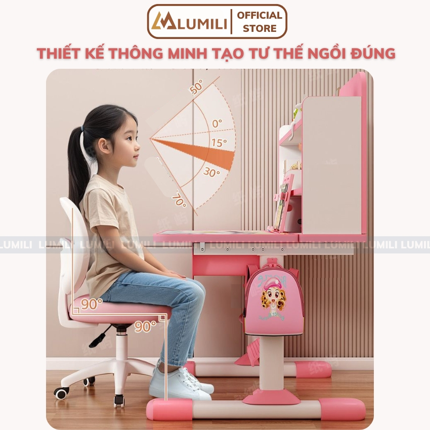 Bàn học trẻ em chống gù Lumili E10, bàn ngồi học cho bé có kệ sách, kèm ghế xoay nâng hạ cao cấp