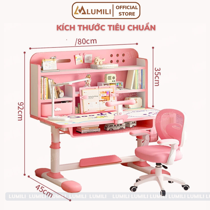 Bàn học trẻ em chống gù Lumili E10, bàn ngồi học cho bé có kệ sách, kèm ghế xoay nâng hạ cao cấp