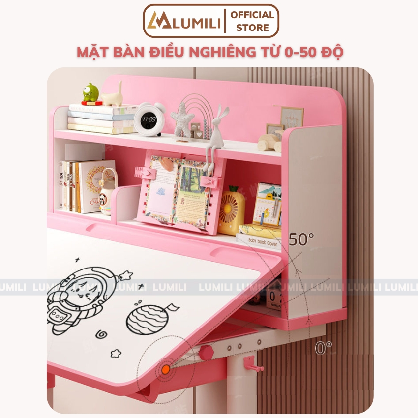 Bàn học trẻ em chống gù Lumili E10, bàn ngồi học cho bé có kệ sách, kèm ghế xoay nâng hạ cao cấp