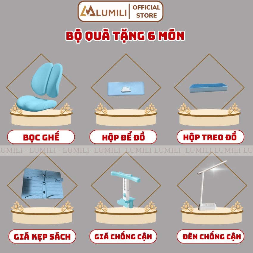 Bàn học trẻ em chống gù Lumili E10, bàn ngồi học cho bé có kệ sách, kèm ghế xoay nâng hạ cao cấp