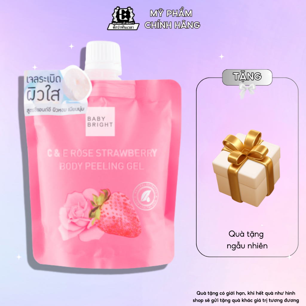 Gel tẩy tế bào chết toàn thân chiết xuất hoa hồng dâu tây giàu vitamin C & E dưỡng sáng da giảm thâm BABY BRIGHT túi 200