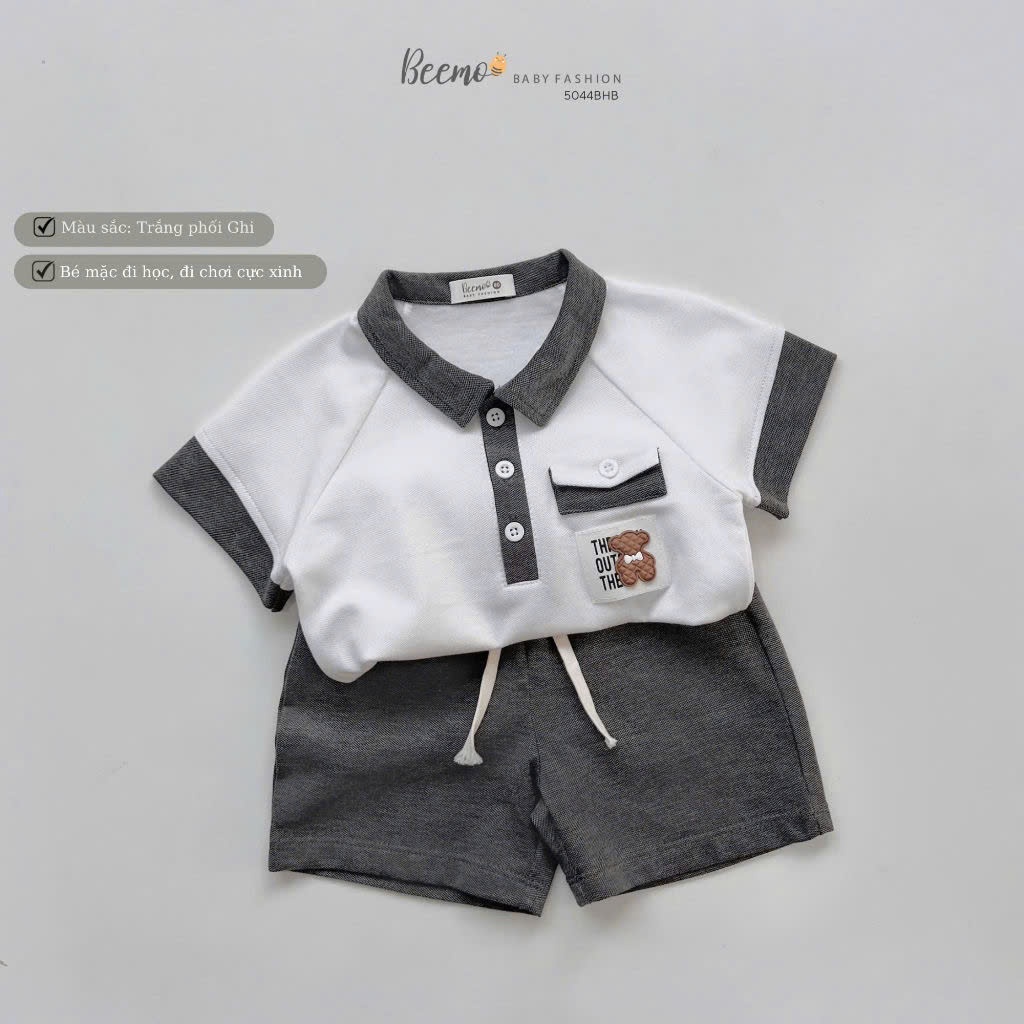 Bộ polo cá sấu cộc tay cổ đức bé trai, set bộ bé trai cổ đức phối túi tag gấu hàng đẹp