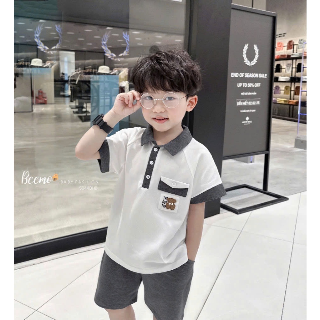 Bộ polo cá sấu cộc tay cổ đức bé trai, set bộ bé trai cổ đức phối túi tag gấu hàng đẹp