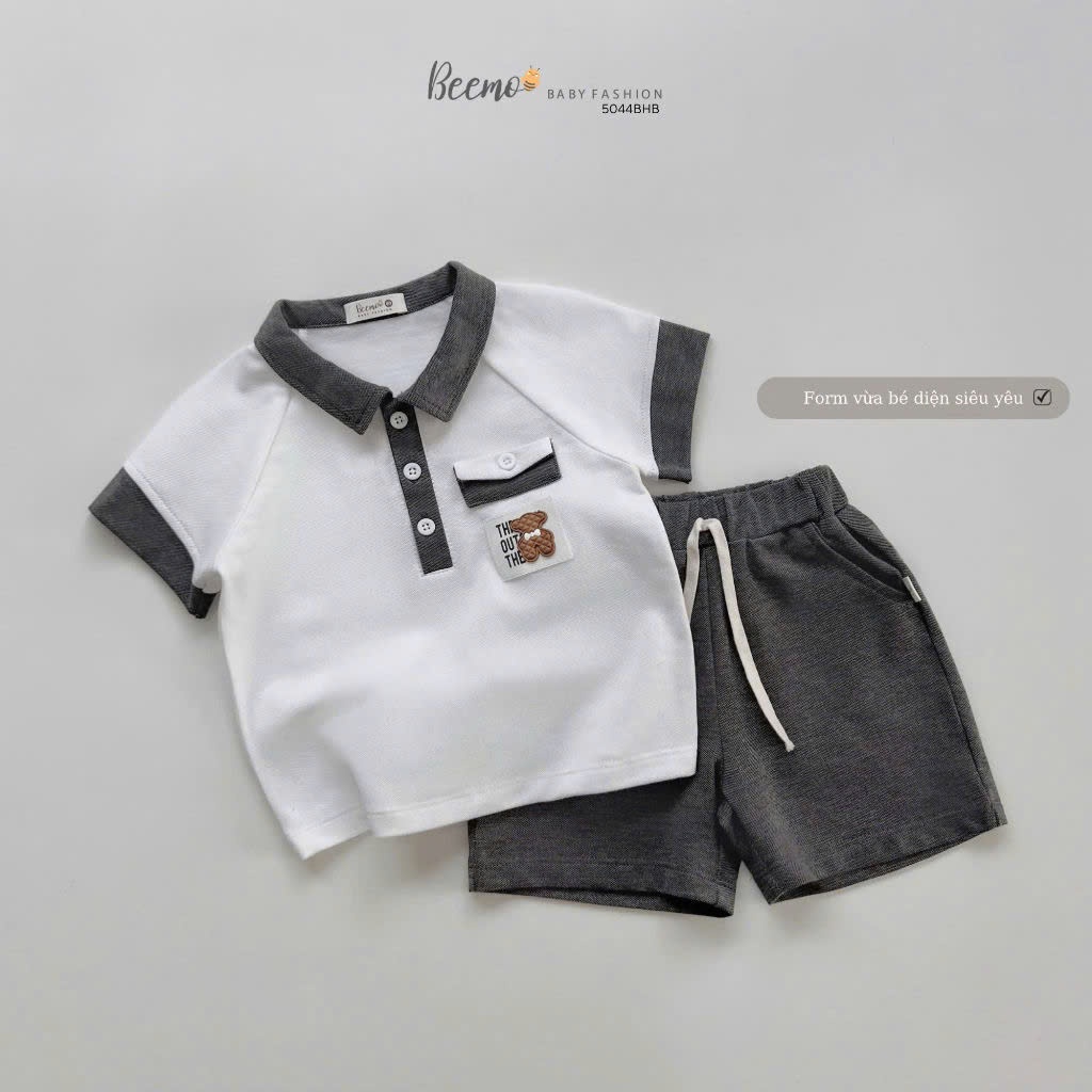 Bộ polo cá sấu cộc tay cổ đức bé trai, set bộ bé trai cổ đức phối túi tag gấu hàng đẹp