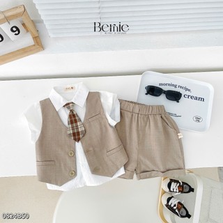 Set gile công tử cộc tay bé trai, bộ sơ mi phối gile may liền tặng kèm cavat cho bé trai