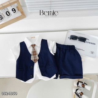 Set gile công tử cộc tay bé trai, bộ sơ mi phối gile may liền tặng kèm cavat cho bé trai