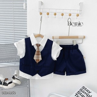 Set gile công tử cộc tay bé trai, bộ sơ mi phối gile may liền tặng kèm cavat cho bé trai