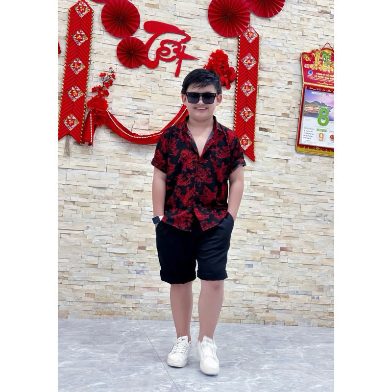 set sơmi hoạ tiết thiết kế cho bé trai 10kg-52kg TONI BRAND hoa đỏ trắng