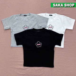 Áo croptop thun nữ thêu chữ ngắn tay