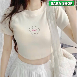 Áo croptop thun nữ thêu chữ ngắn tay