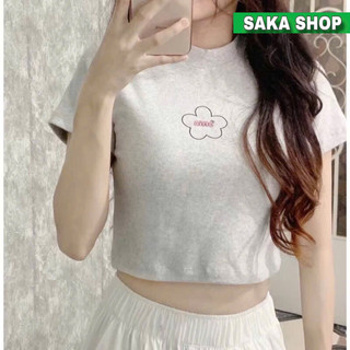 Áo croptop thun nữ thêu chữ ngắn tay