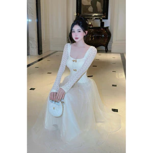 Váy ren cổ vuông dáng dài xoè tặng kèm 3 tang váy tay dài phối tơ dáng dài váy đi tiệc đi chơi sang chảnh V54