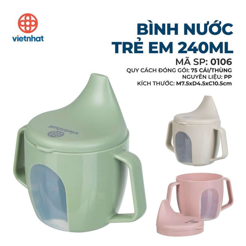 Bình Đựng Nước 10-36 Tháng Có Tay Cầm Chống Rò Rỉ Chống Sốc Cho Bé Sơ Sinh 240ml Việt Nhật 0106