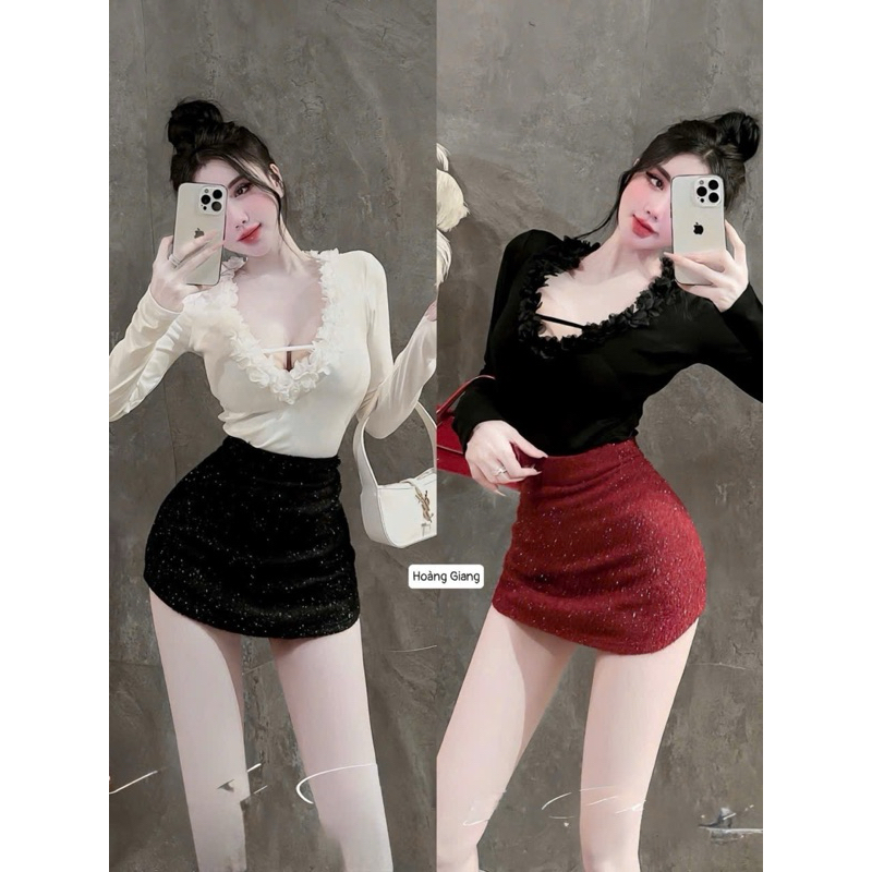 Set áo cổ V viền bèo chân váy ôm có lót quần