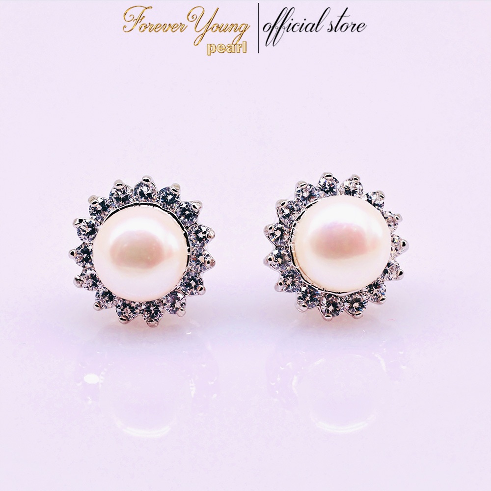 Mã BT10. Bông Tai ngọc Trai Nuôi Nước Ngọt Dày 8 Li Viên Hoa Đính Đá Cz Sáng Bóng. Forever Young Pearl