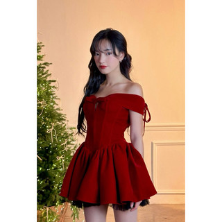 [ HAN’S STORE] VÁY NHUNG BẸT VAI PHỐI NƠ FORM BỒNG BỀNH XINH XẮN NOEL TẾT 2025(ẢNH THẬT)