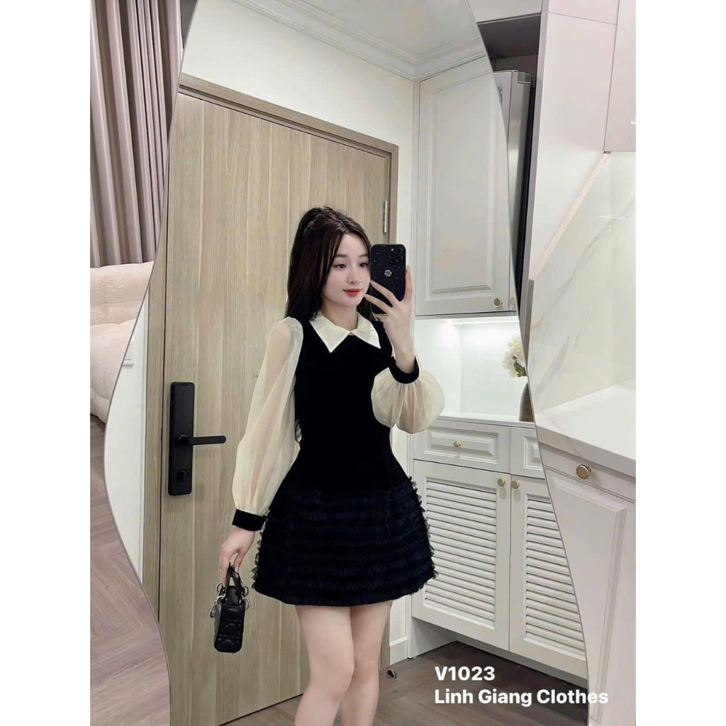váy nữ sang chảnh, đầm tiểu thư dài tay dáng ngắn xòe cổ sơ mi phong cách Hàn Quốc Donna hcom3404