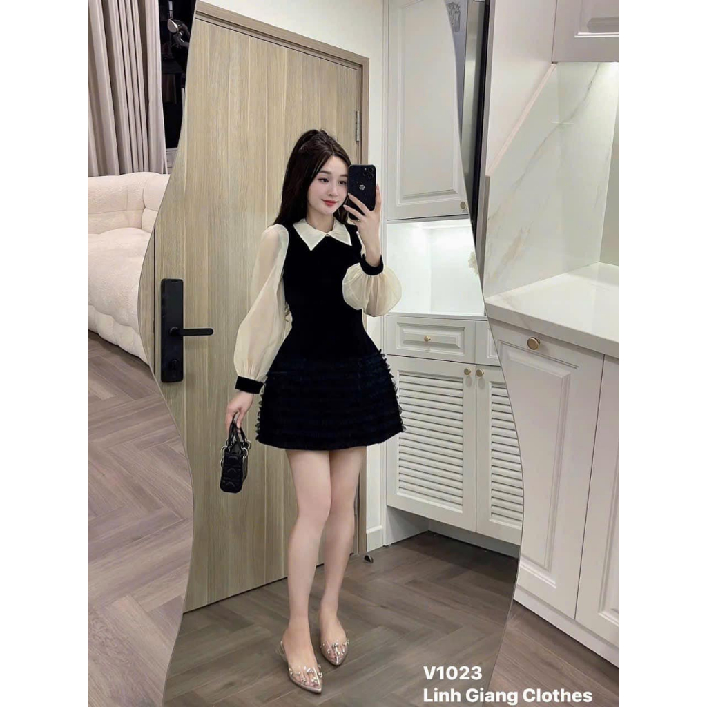 váy nữ sang chảnh, đầm tiểu thư dài tay dáng ngắn xòe cổ sơ mi phong cách Hàn Quốc Donna hcom3404