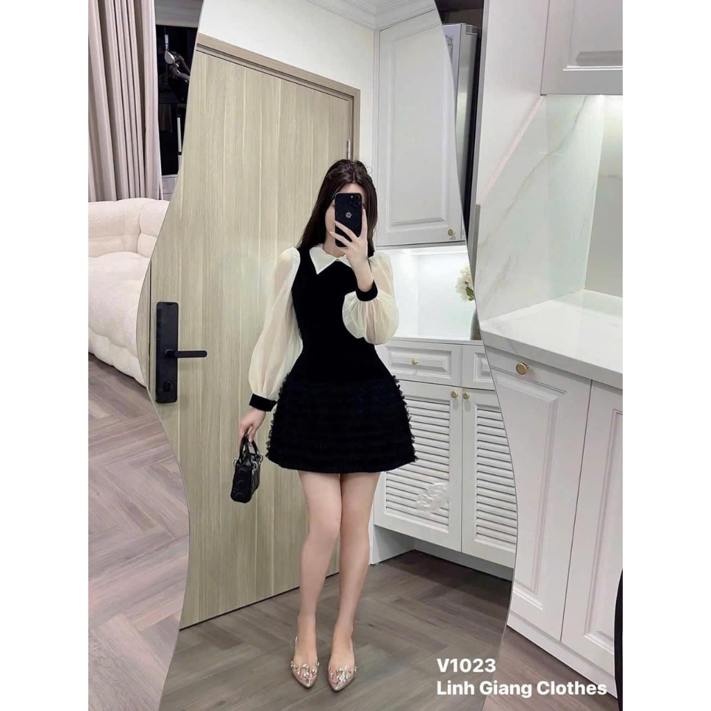 váy nữ sang chảnh, đầm tiểu thư dài tay dáng ngắn xòe cổ sơ mi phong cách Hàn Quốc Donna hcom3404