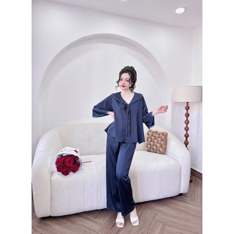 Bộ Pijama hoạ trơn cổ bèo ren tay loe tiểu thư lụa latin mềm mát