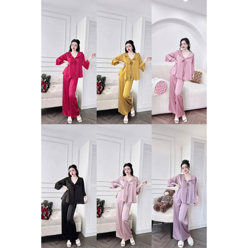 Bộ Pijama hoạ trơn cổ bèo ren tay loe tiểu thư lụa latin mềm mát