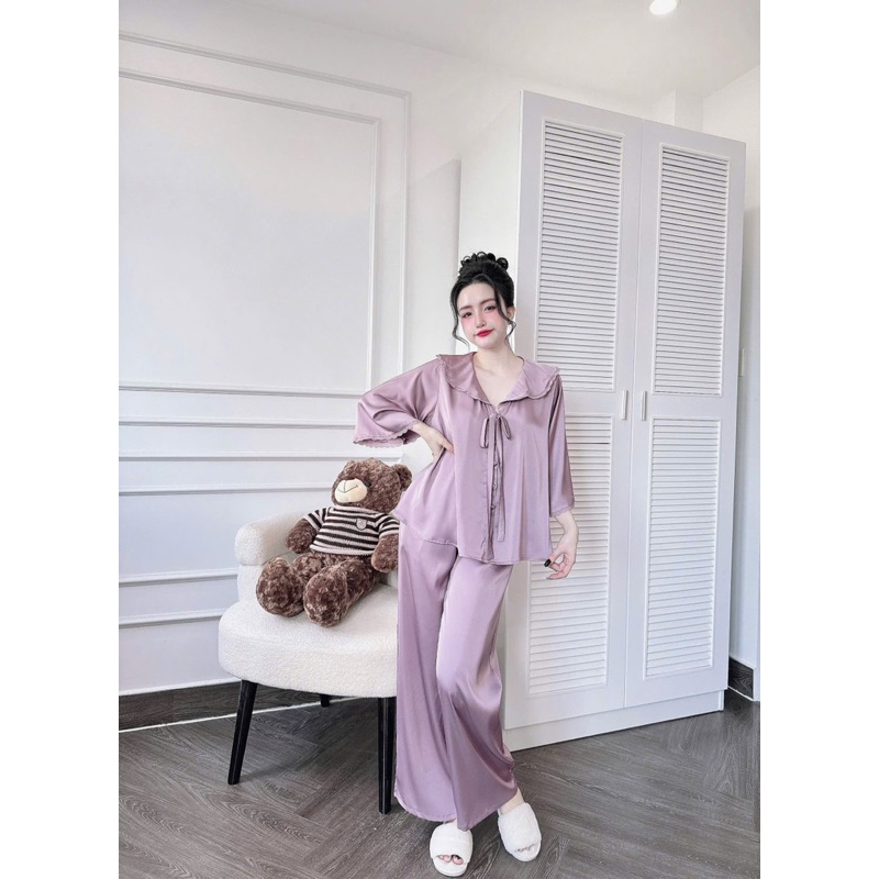 Bộ Pijama hoạ trơn cổ bèo ren tay loe tiểu thư lụa latin mềm mát